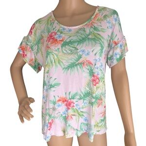 Tommy Bahama Tropical Floral Rayon Spandex Top Pink Green Size Large